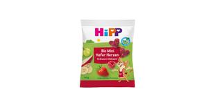 HiPP Bio Mini Hafer Herzen Erdbeere-Himbeere Snackpackung mit Herzriegeln und Obstmotiven auf grün-rotem Hintergrund