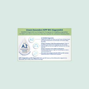 Texttafel mit Informationen zur HiPP Bio Ziegenmilch, darunter Details zu A2 Wohlfühl-Ziegenmilch, Omega-3-Fettsäuren und Nährstoffhinweisen