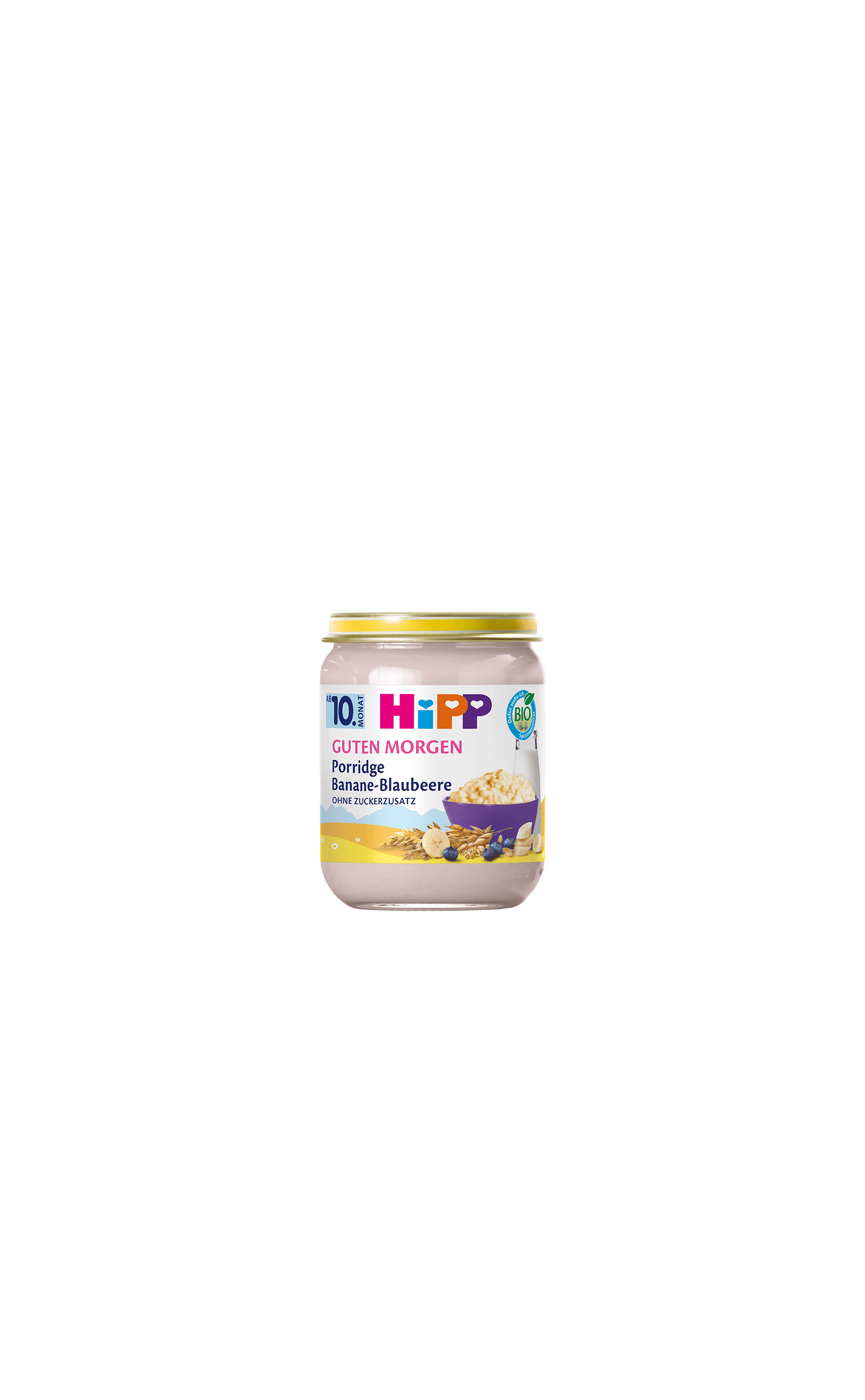 HiPP Guten Morgen Porridge Banane-Blaubeere im Glas mit Bio-Siegel auf schwarzem Hintergrund