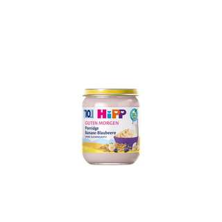 HiPP Guten Morgen Porridge Banane-Blaubeere im Glas mit Bio-Siegel auf schwarzem Hintergrund