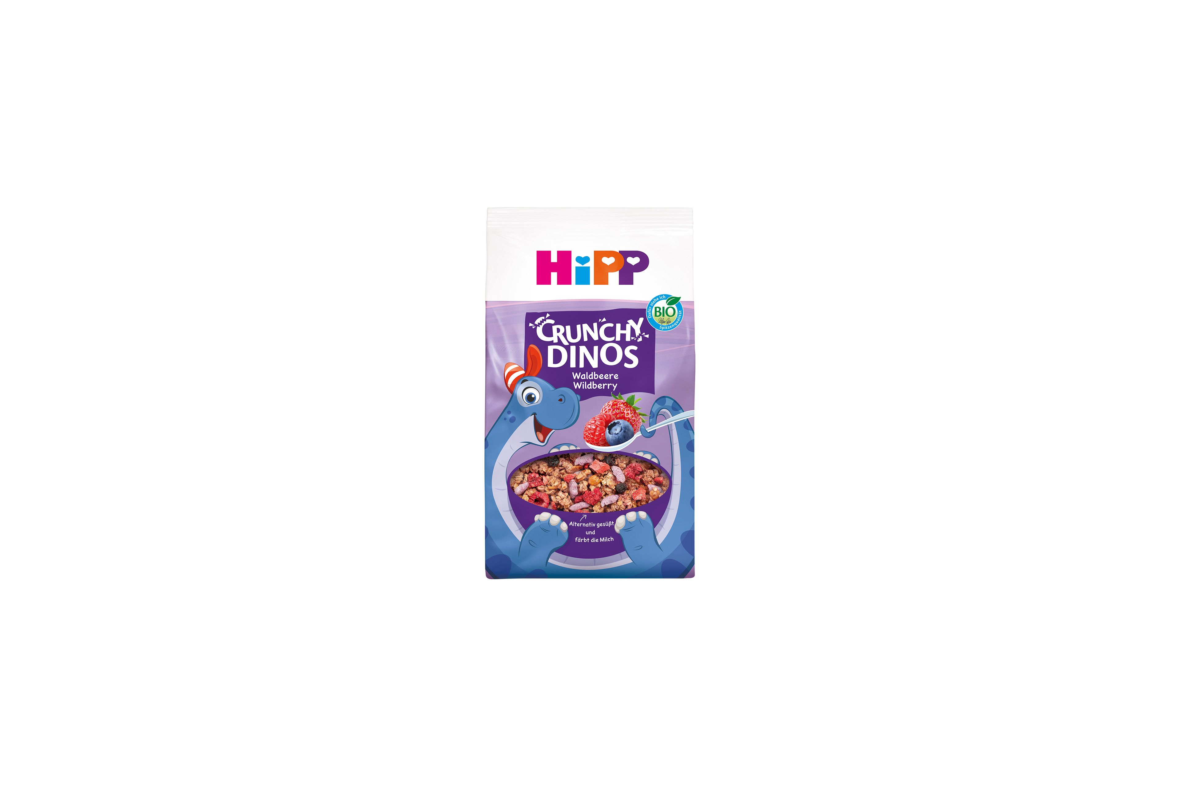 HiPP Crunchy Dinos Waldbeere Bio-Kinder-Cerealienpackung mit blauem Dino und Schüssel lila Waldbeer-Müsli auf lila Hintergrund