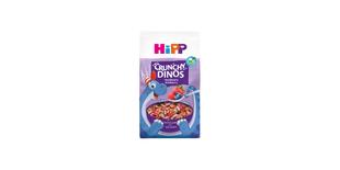 HiPP Crunchy Dinos Waldbeere Bio-Kinder-Cerealienpackung mit blauem Dino und Schüssel lila Waldbeer-Müsli auf lila Hintergrund