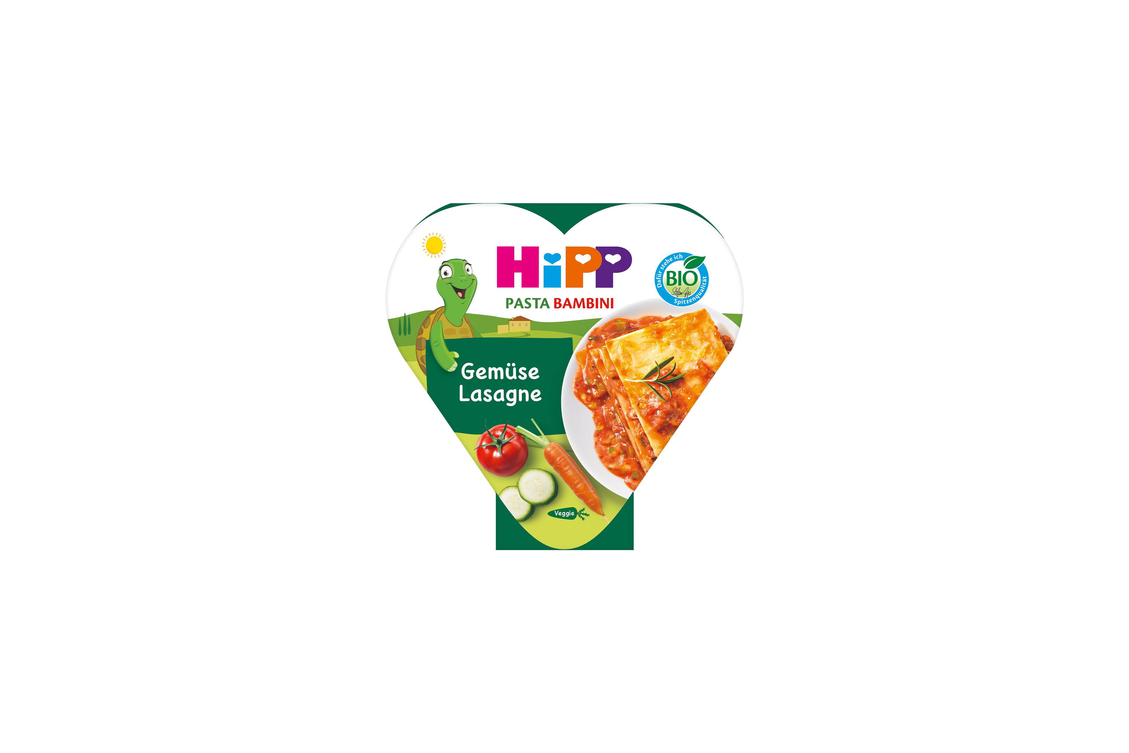 HiPP Pasta Bambini Gemüse Lasagne in Herzschale, Bio-Kindermenü mit Gemüseabbildung und bunter, kinderfreundlicher Verpackung