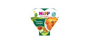 HiPP Pasta Bambini Gemüse Lasagne in Herzschale, Bio-Kindermenü mit Gemüseabbildung und bunter, kinderfreundlicher Verpackung