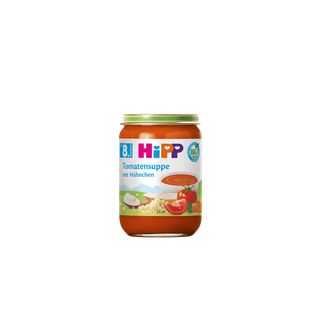 HiPP Bio Tomatensuppe mit Hühnchen im Glas für Babys ab dem 8. Monat, Produktabbildung auf weißem Hintergrund