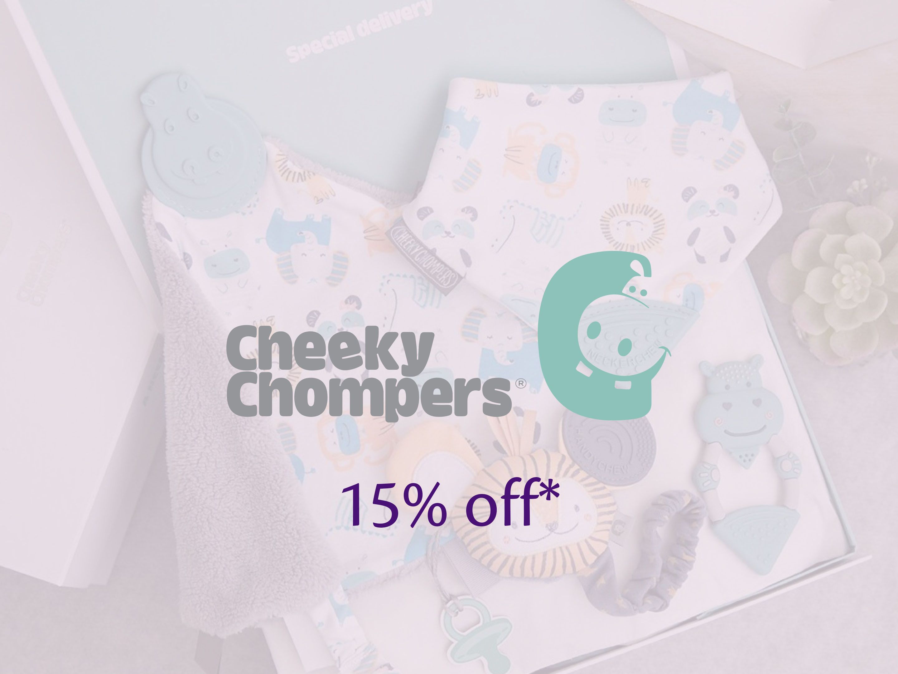 Cheeky Chompers baby gift set with soft animal-print bib and pastel teething toys offering 15% off