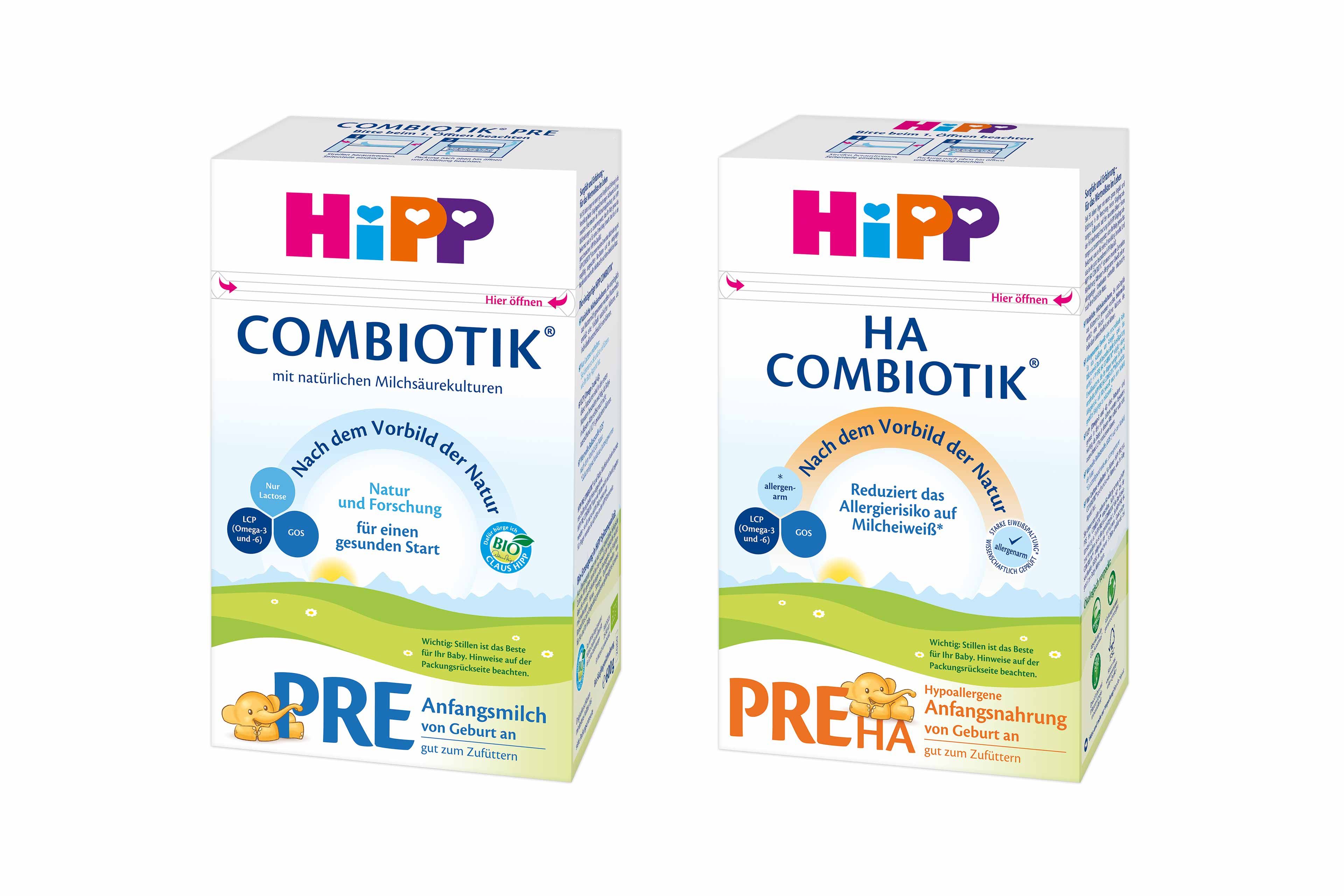 Zwei Schachteln mit Säuglingsnahrungsprodukten mit der Aufschrift "Hipp" und dem Markennamen "Combiotik". Jede Schachtel enthält eine Beschreibung des Produkts, einschließlich seiner Zusammensetzung, seiner Nährwerte und seiner Vorteile für Säuglinge.