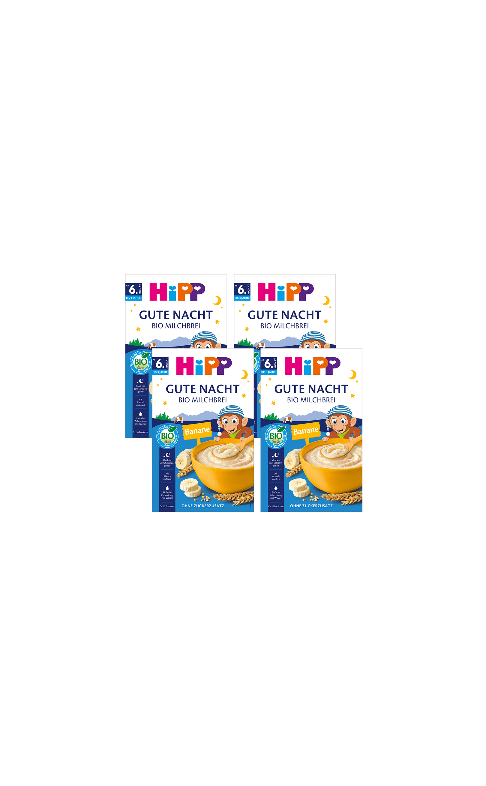4er-Pack HiPP Gute Nacht Bio-Milchbrei Banane, ab 6 Monaten, auf schwarzem Hintergrund angeordnet