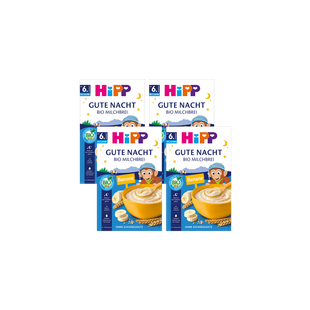 4er-Pack HiPP Gute Nacht Bio-Milchbrei Banane, ab 6 Monaten, auf schwarzem Hintergrund angeordnet