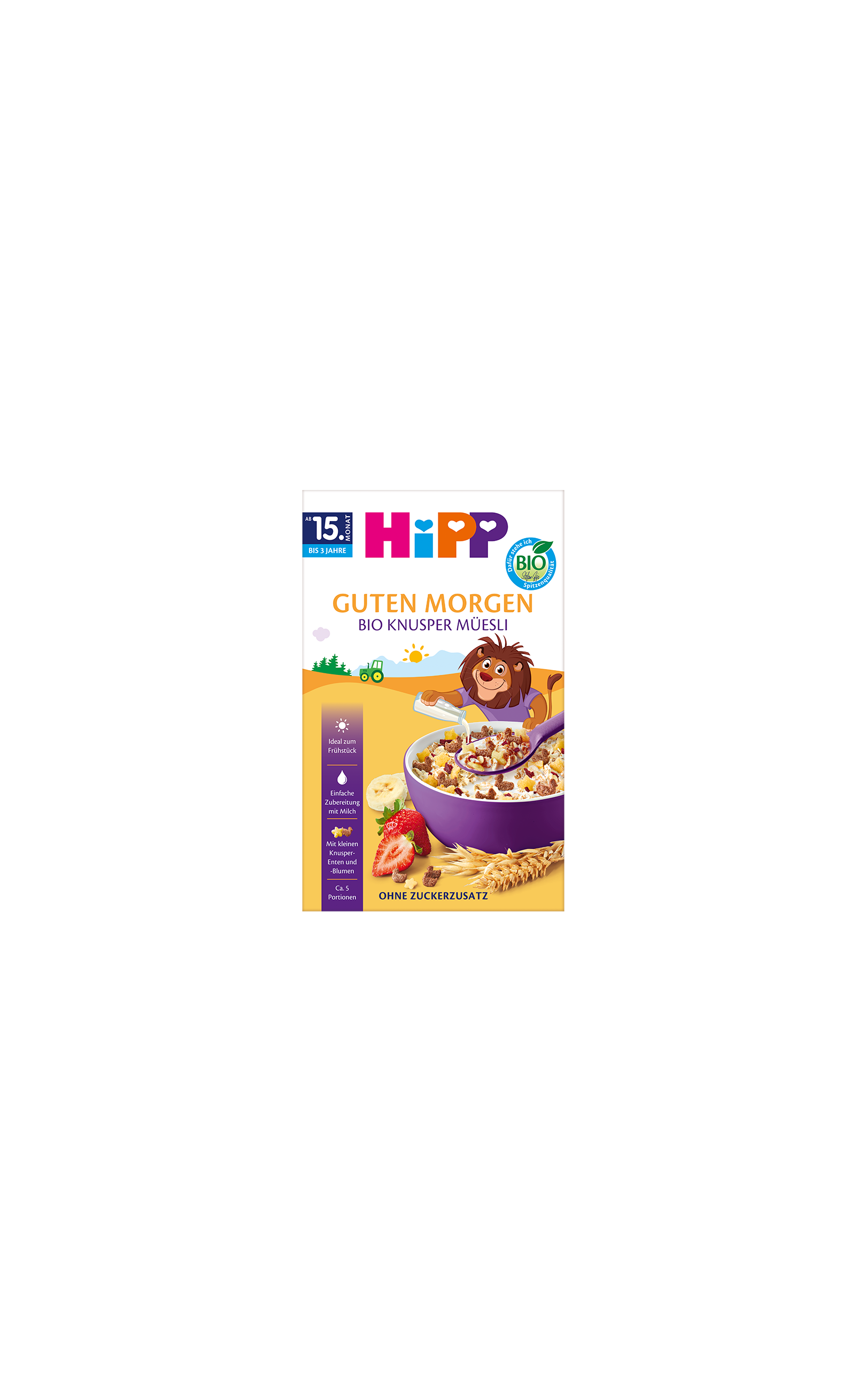 HiPP Guten Morgen Bio Knusper-Müesli Packung mit Schüssel Knuspermüsli, Erdbeeren und Getreide, ab 15 Monaten, ohne Zuckerzusatz