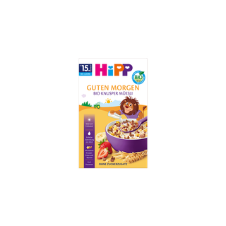 HiPP Guten Morgen Bio Knusper-Müesli Packung mit Schüssel Knuspermüsli, Erdbeeren und Getreide, ab 15 Monaten, ohne Zuckerzusatz