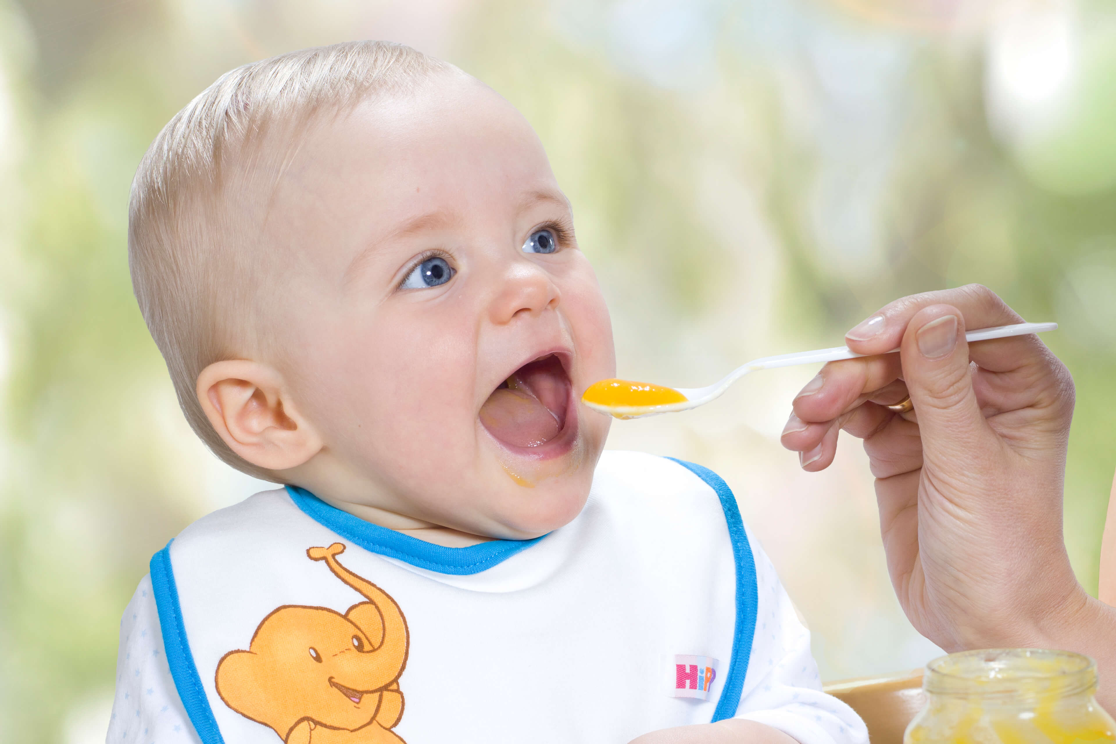 Ein Baby mit blauen Augen, das ein Lätzchen mit einem Elefantenmuster trägt und von einem Erwachsenen mit einem Löffel gefüttert wird.
