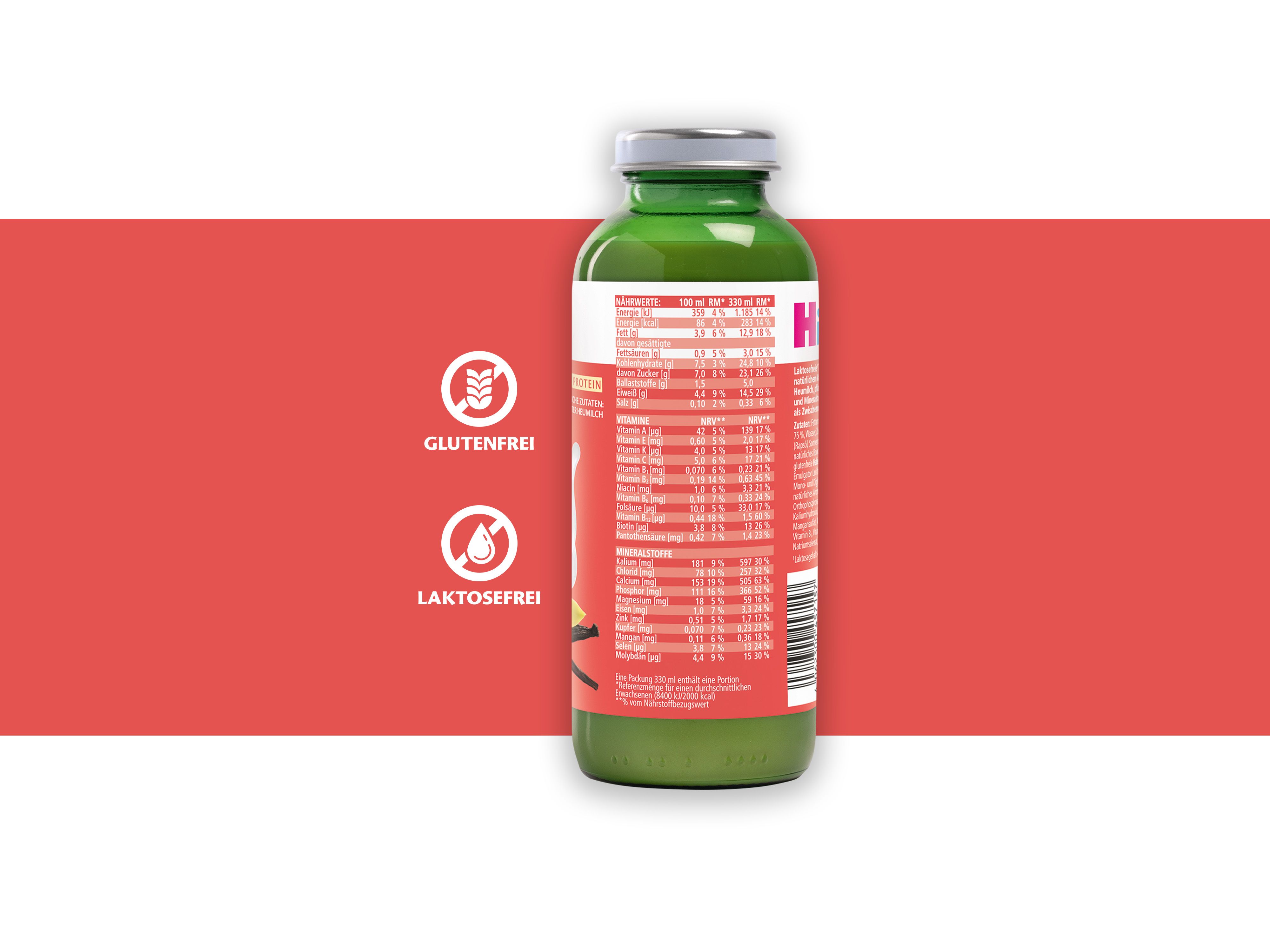 Grüne Flasche mit rotem Etikett zeigt Nährwerttabelle und Symbole für glutenfrei und laktosefrei auf rotem Hintergrund