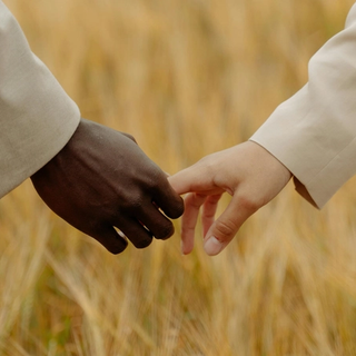 Man and woman holding hands in a field