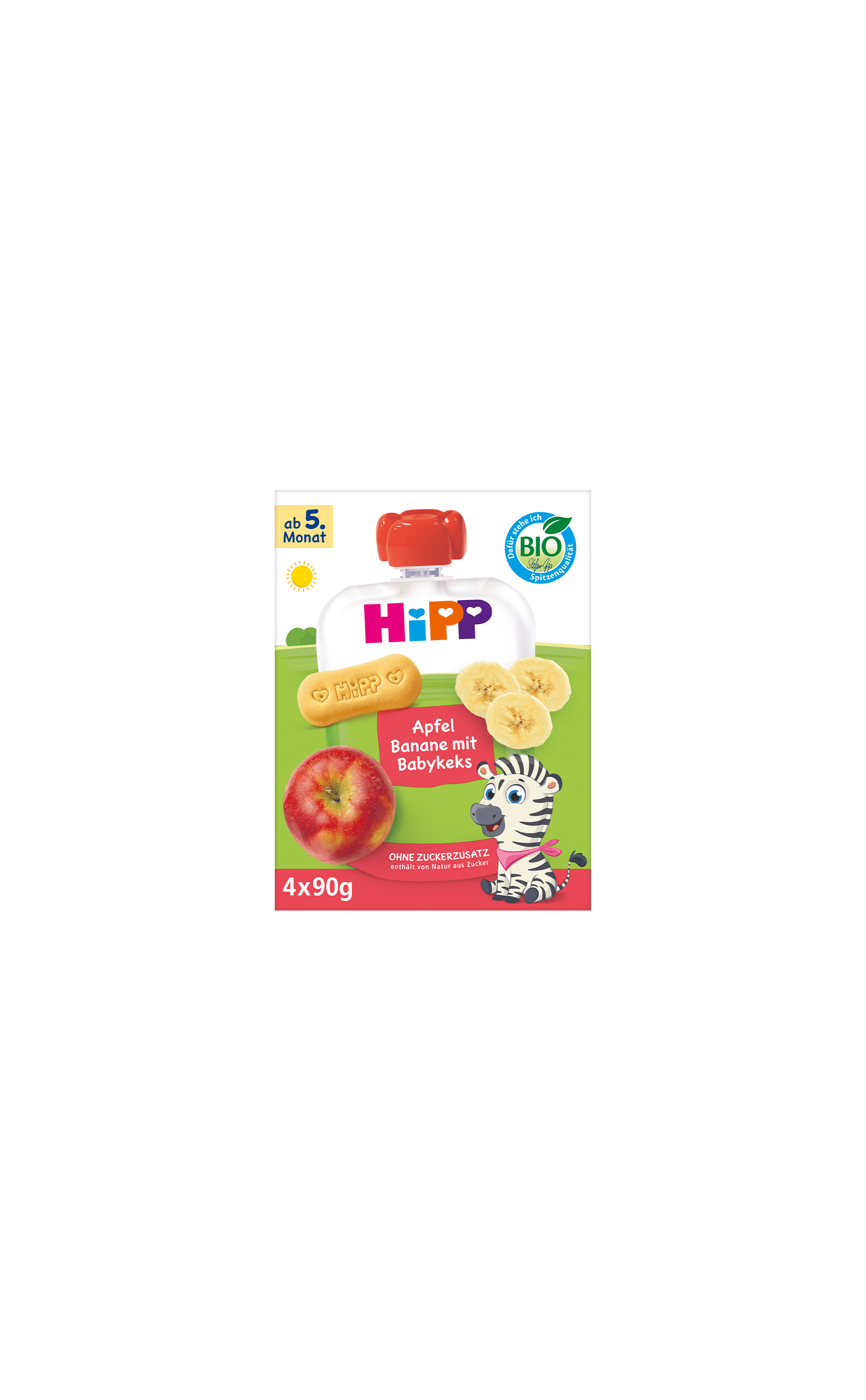 HiPP Bio-Quetschbeutel Apfel Banane mit Babykeks, 4x90g, ab 5. Monat, mit Apfel, Bananenscheiben und Zebra-Motiv auf der Packung