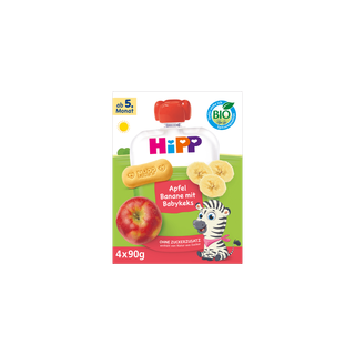 HiPP Bio-Quetschbeutel Apfel Banane mit Babykeks, 4x90g, ab 5. Monat, mit Apfel, Bananenscheiben und Zebra-Motiv auf der Packung