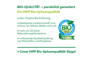 Texttafel mit grüner und schwarzer Schrift erklärt die Bio-Qualität von HiPP mit Stichpunkten zu Bio-Erfahrung, ökologischer Landwirtschaft, Babynahrungskompetenz und Qualitätsprüfung, daneben ein rundes Bio-Siegel mit grünem Blatt und Schrift 'BIO Spitzenqualität 70 Jahre'