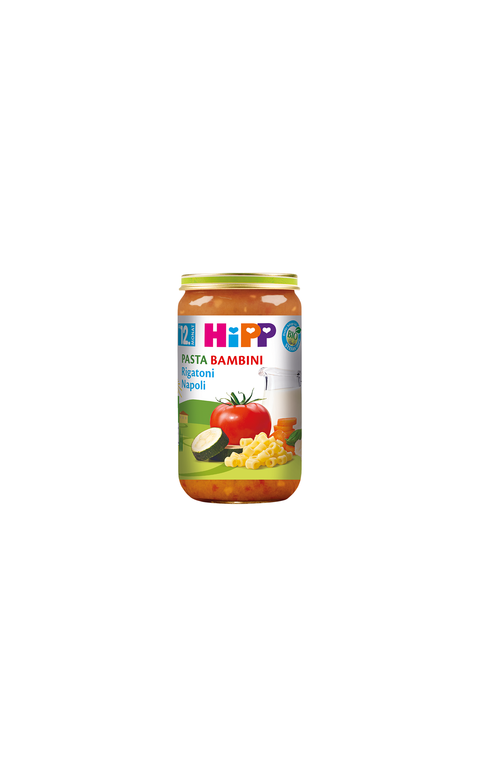 HiPP Pasta Bambini Rigatoni Napoli Bio-Glas für Babys ab 12 Monaten mit Gemüse und Pasta auf dem Etikett