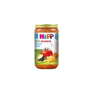 HiPP Pasta Bambini Rigatoni Napoli Bio-Glas für Babys ab 12 Monaten mit Gemüse und Pasta auf dem Etikett