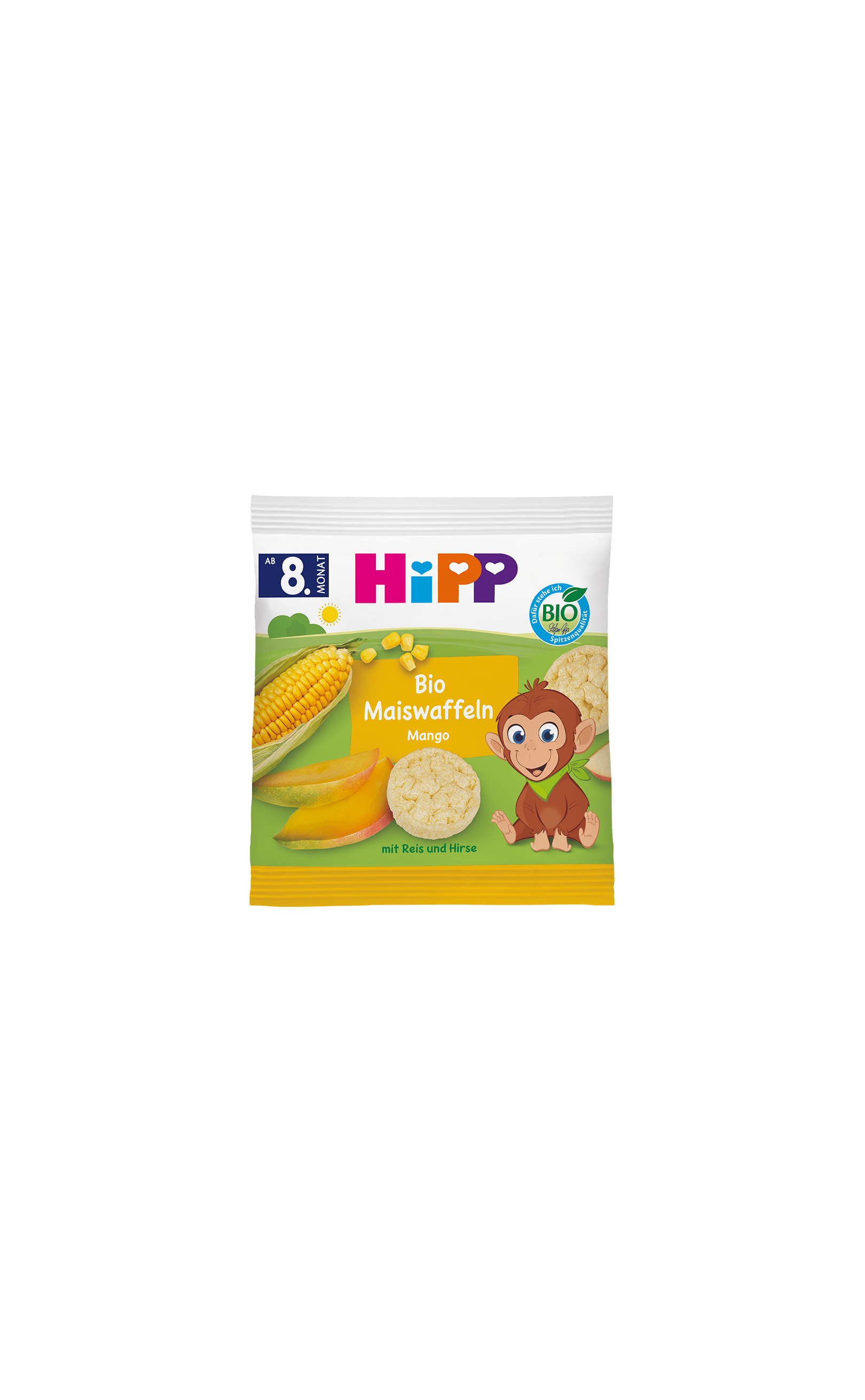 HiPP Bio Maiswaffeln Mango Snackpackung mit Maiskolben, Mangoscheiben, Waffel und fröhlichem Affenmotiv ab 8. Monat