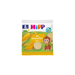HiPP Bio Maiswaffeln Mango Snackpackung mit Maiskolben, Mangoscheiben, Waffel und fröhlichem Affenmotiv ab 8. Monat