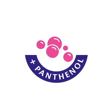 Halbkreisförmiges blaues Band mit dem Text 'PANTHENOL' und darüber fünf pinkfarbene Blasen unterschiedlicher Größe