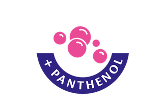 Halbkreisförmiges blaues Band mit dem Text 'PANTHENOL' und darüber fünf pinkfarbene Blasen unterschiedlicher Größe