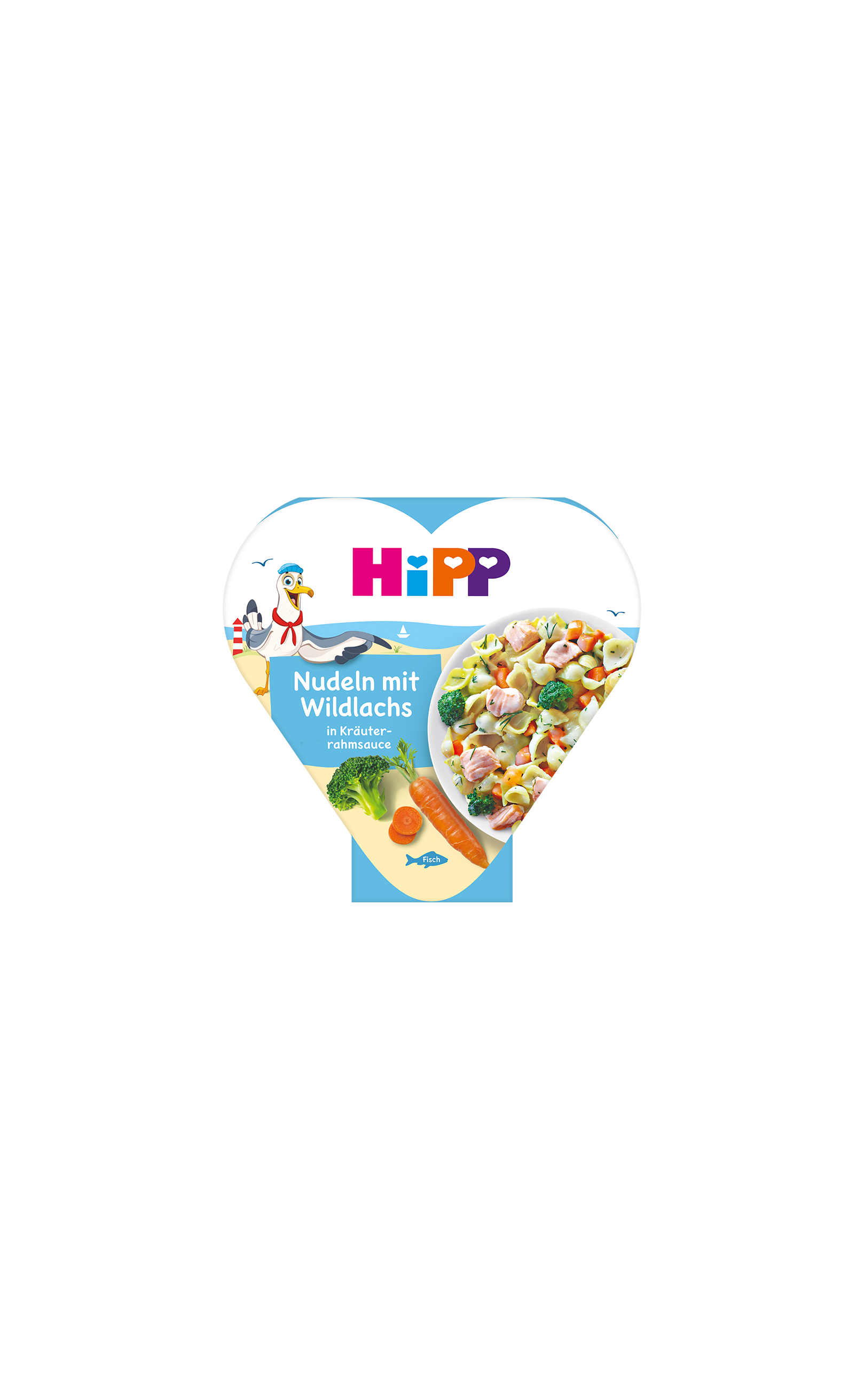 HiPP Herzchen-Schale Nudeln mit Wildlachs in Kräuterrahmsauce, bebildert mit Pasta, Lachs, Gemüse und maritimem Motiv auf der Verpackung
