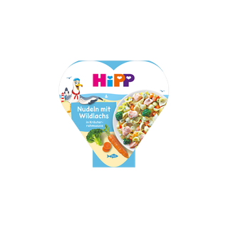 HiPP Herzchen-Schale Nudeln mit Wildlachs in Kräuterrahmsauce, bebildert mit Pasta, Lachs, Gemüse und maritimem Motiv auf der Verpackung