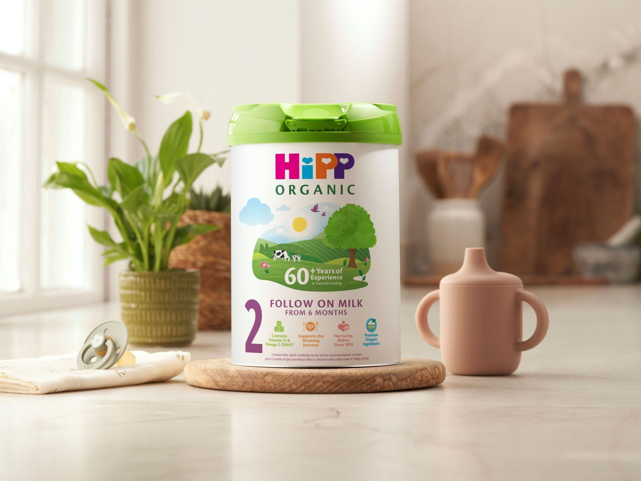 HiPP Organic Follow on Milk tub on a bright kitchen worktop beside a baby cup, dummy and plant, suggesting everyday family use