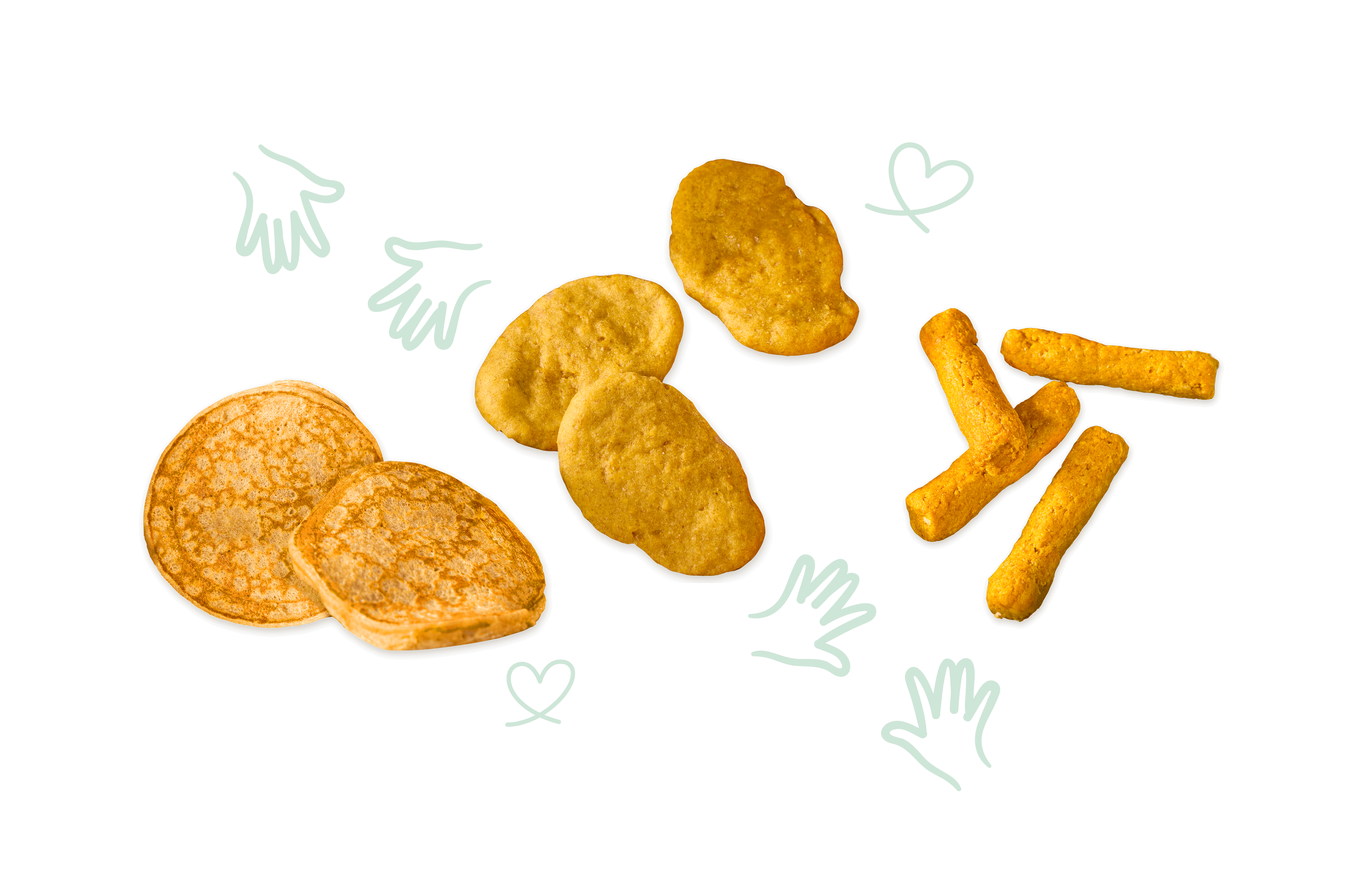 Mehrere goldgelbe Snacks in unterschiedlichen Formen liegen nebeneinander, im Hintergrund sind gezeichnete Hände und Herzen zu sehen.