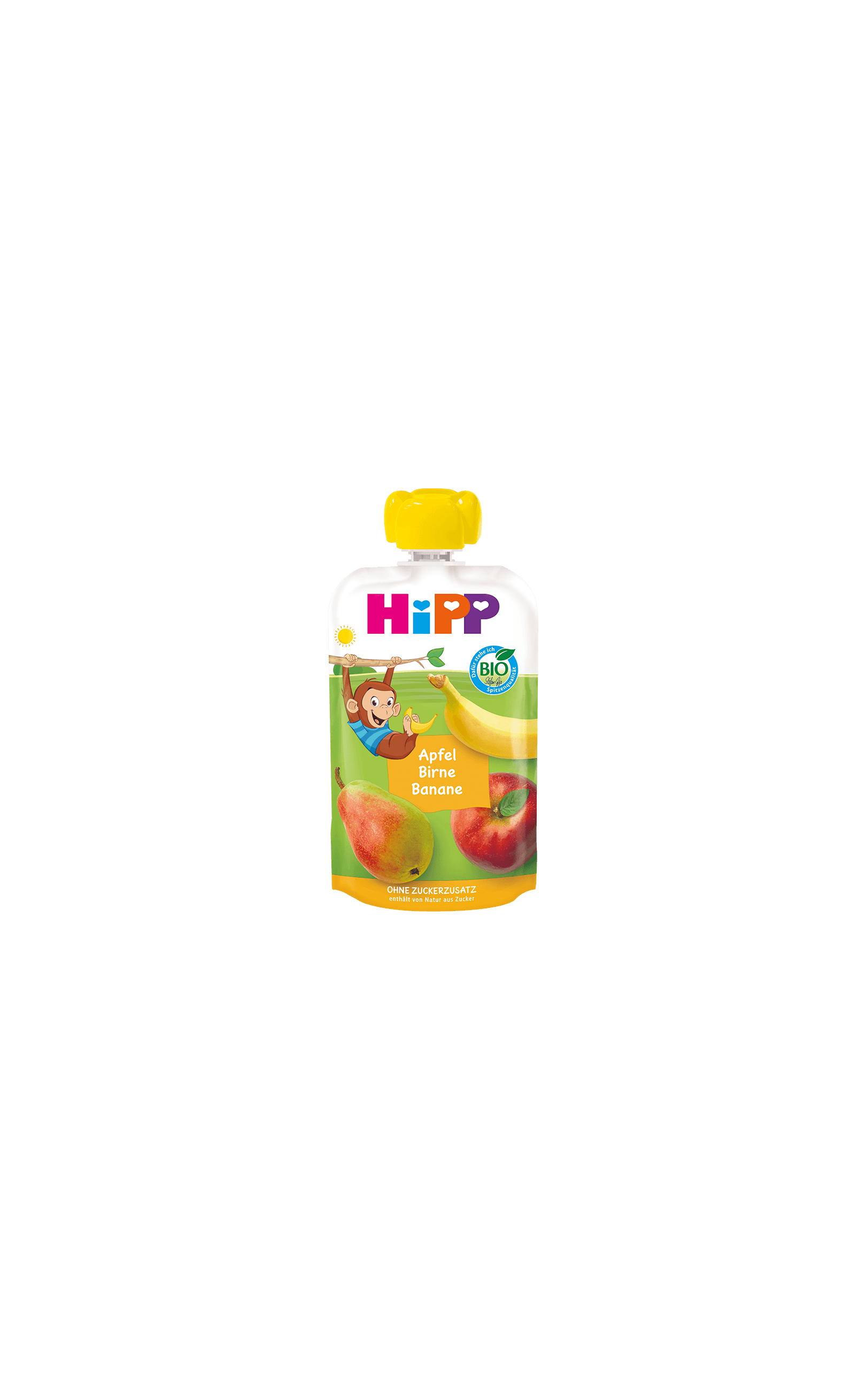 HiPP Bio-Quetschbeutel Apfel Birne Banane mit gelbem Deckel und Fruchtmotiven, geeignet als Snack ab 1 Jahr