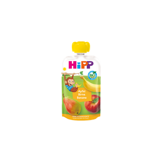 HiPP Bio-Quetschbeutel Apfel Birne Banane mit gelbem Deckel und Fruchtmotiven, geeignet als Snack ab 1 Jahr
