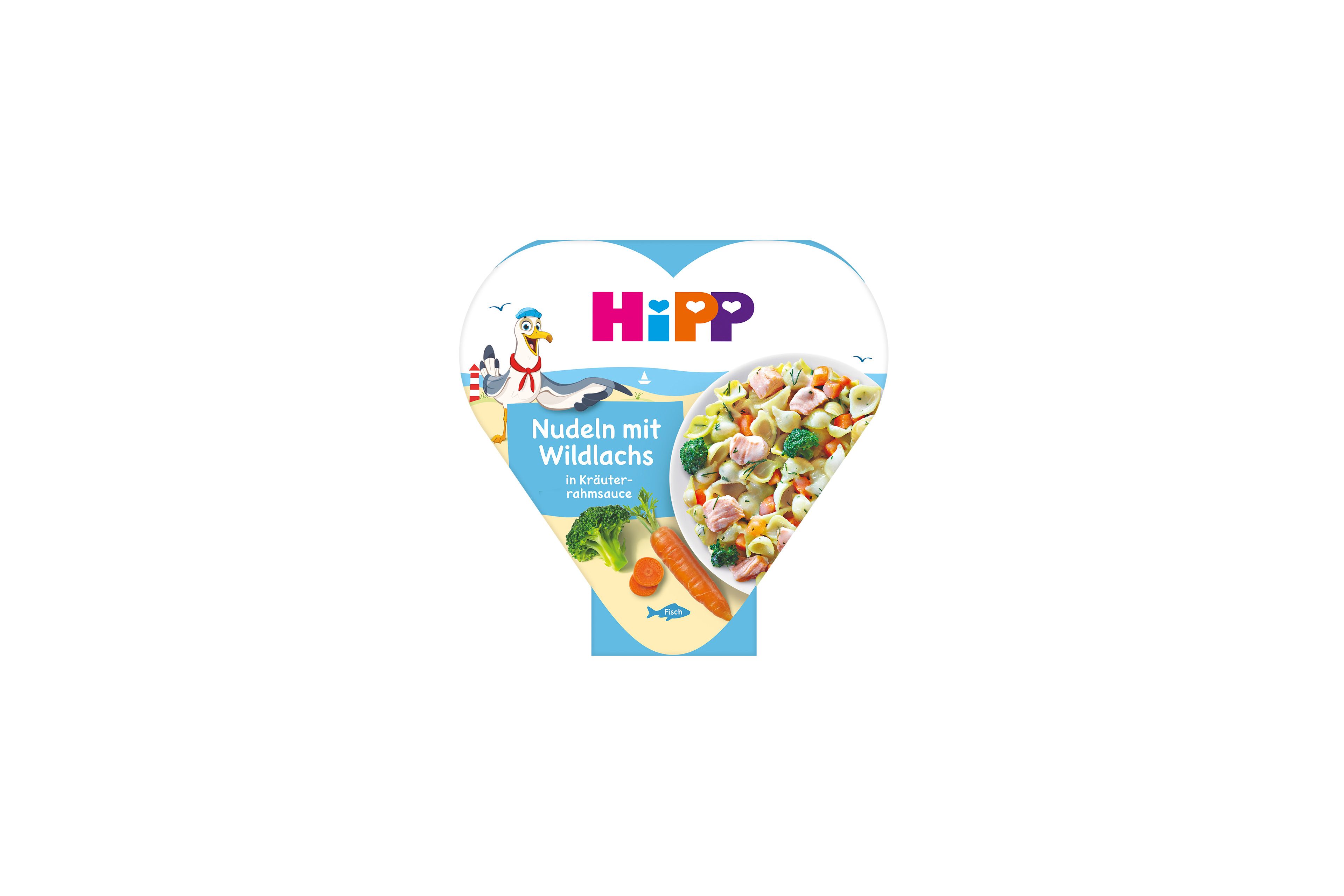 HiPP Herzchen-Schale Nudeln mit Wildlachs in Kräuterrahmsauce, bebildert mit Pasta, Lachs, Gemüse und maritimem Motiv auf der Verpackung