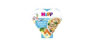 HiPP Herzchen-Schale Nudeln mit Wildlachs in Kräuterrahmsauce, bebildert mit Pasta, Lachs, Gemüse und maritimem Motiv auf der Verpackung