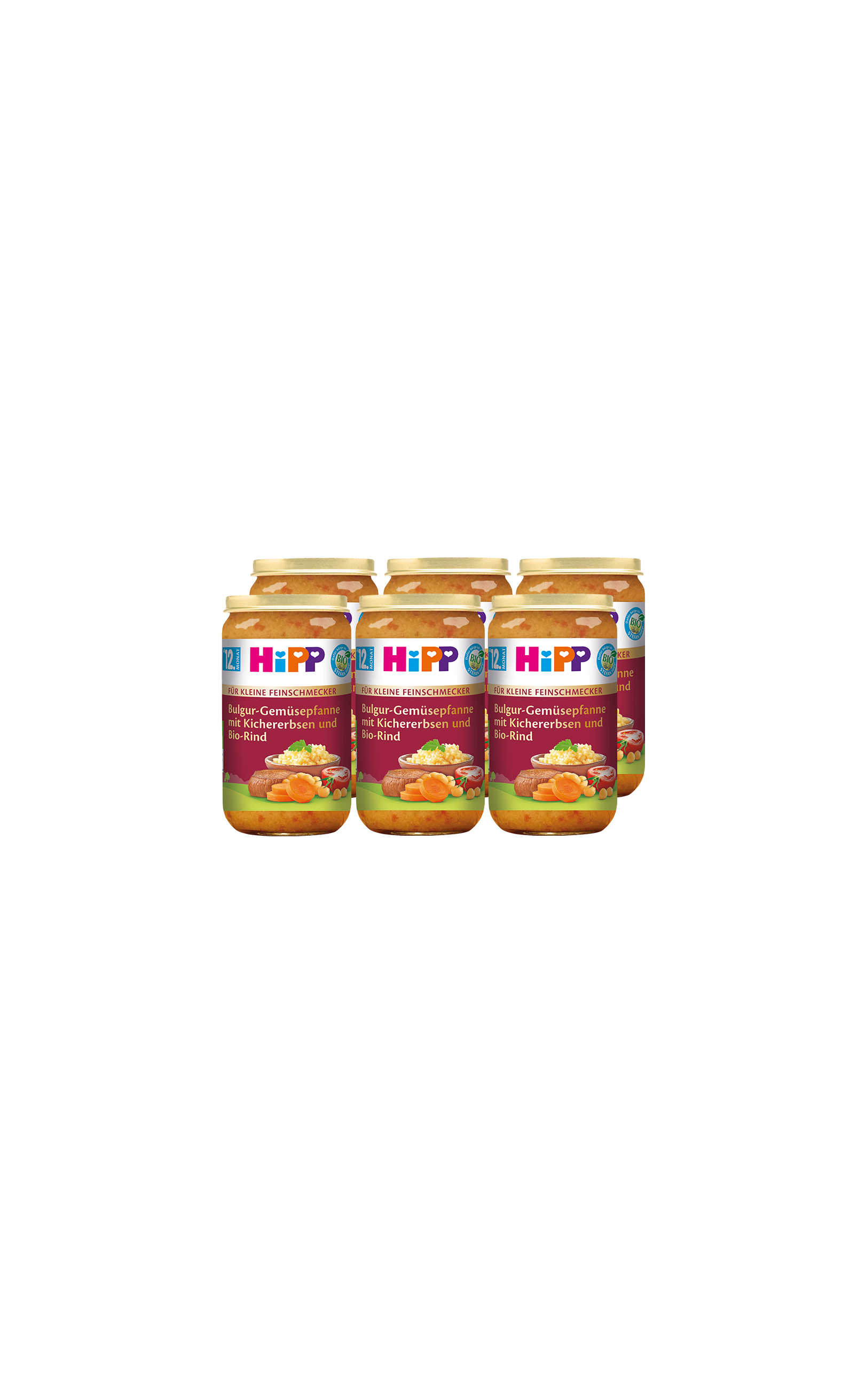 Sechserpack HiPP Bio-Bulgur-Gemüsepfanne mit Kichererbsen und Rind, 6x250g Gläschen für kleine Feinschmecker