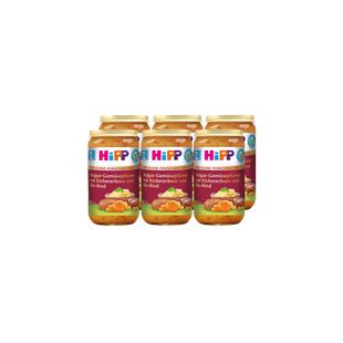 Sechserpack HiPP Bio-Bulgur-Gemüsepfanne mit Kichererbsen und Rind, 6x250g Gläschen für kleine Feinschmecker