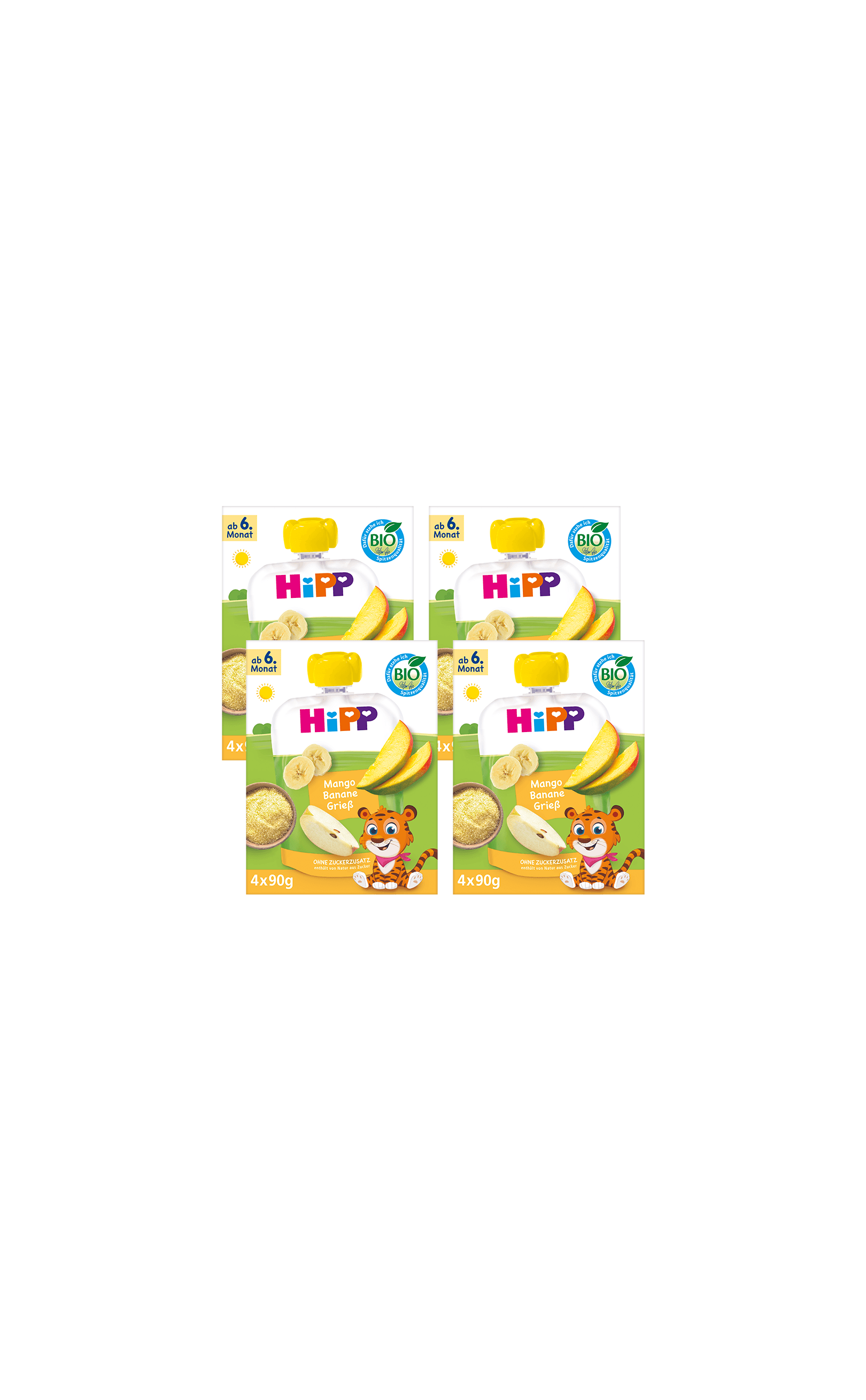 Vier HiPP Bio Quetschbeutel-Packungen Mango Banane Grieß ab 6. Monat, 16x90g, mit fröhlichem Tiger-Maskottchen auf der Vorderseite