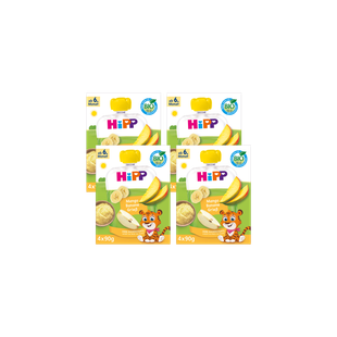 Vier HiPP Bio Quetschbeutel-Packungen Mango Banane Grieß ab 6. Monat, 16x90g, mit fröhlichem Tiger-Maskottchen auf der Vorderseite