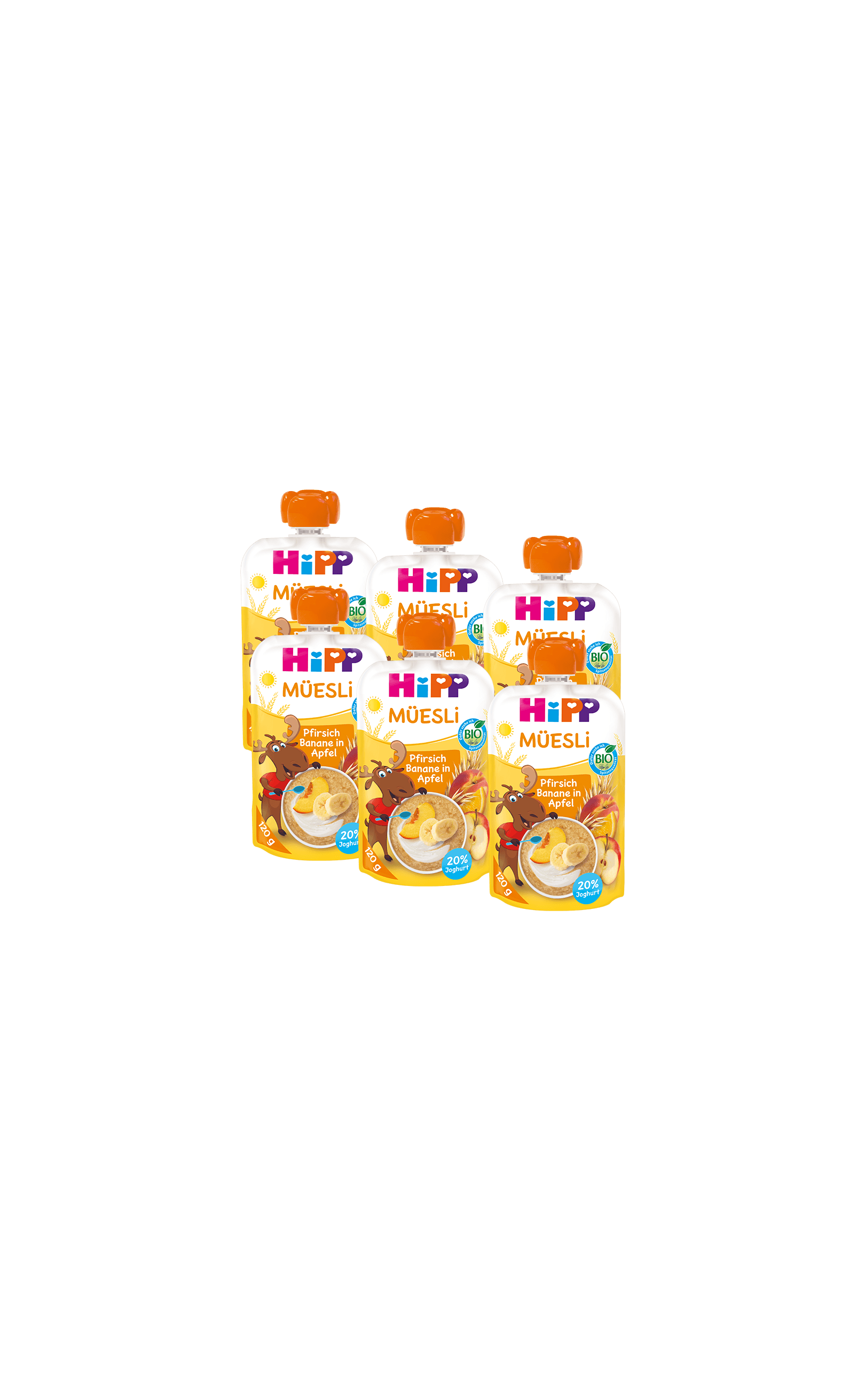 Sechserpack HiPP Bio Müsli-Quetschbeutel Pfirsich-Banane in Apfel, 6×120 g, vor schwarzem Hintergrund angeordnet