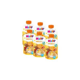Sechserpack HiPP Bio Müsli-Quetschbeutel Pfirsich-Banane in Apfel, 6×120 g, vor schwarzem Hintergrund angeordnet