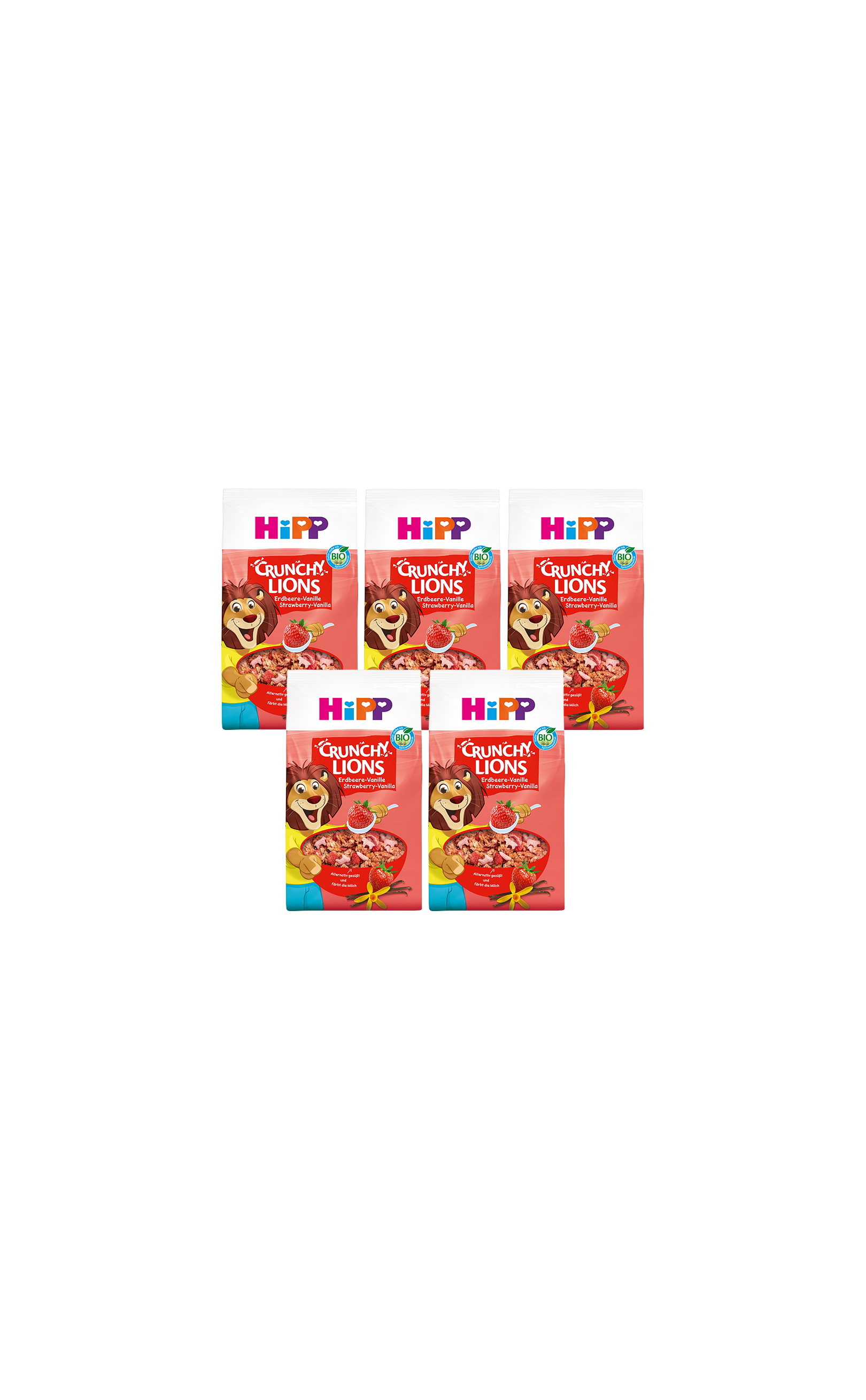 Fünferpack HiPP Crunchy Lions Bio-Kinder-Cerealien Erdbeer-Vanille, 5 x 300 g Beutel vor schwarzem Hintergrund