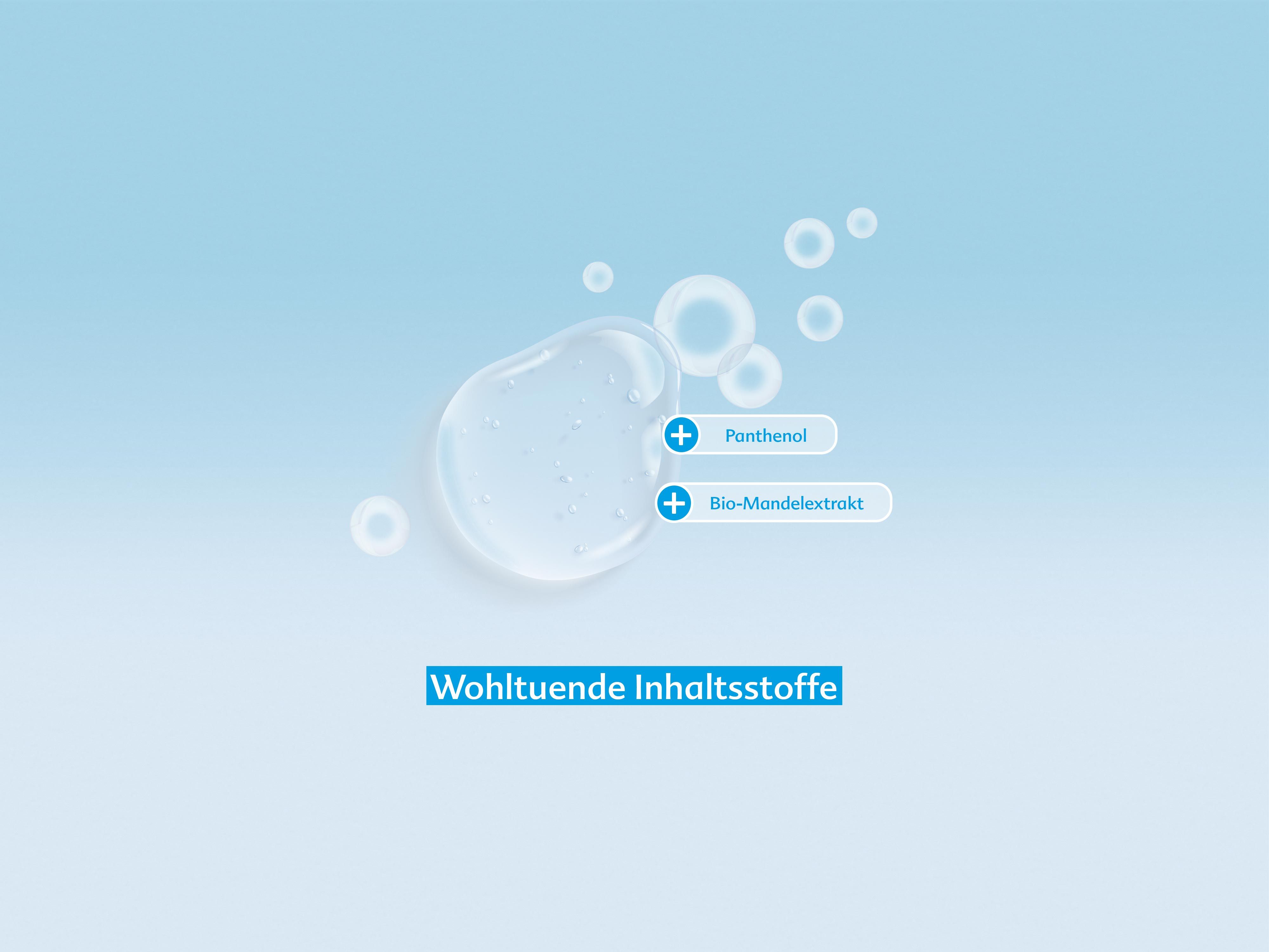 Heller Hintergrund mit Wasserblase, Text zu Panthenol und Bio-Mandelextrakt und Überschrift „Wohltuende Inhaltsstoffe“