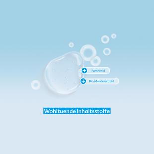 Heller Hintergrund mit Wasserblase, Text zu Panthenol und Bio-Mandelextrakt und Überschrift „Wohltuende Inhaltsstoffe“