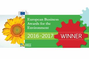 Grafik zum European Business Award for the Environment 2016–2017 mit Sonnenblume, EU-Logo und rotem Gewinner-Siegel.