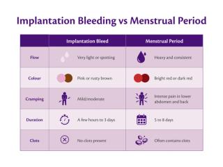 Comparison chart showing key differences between implantation bleeding and a menstrual period in flow, colour, cramping, duration and clots.