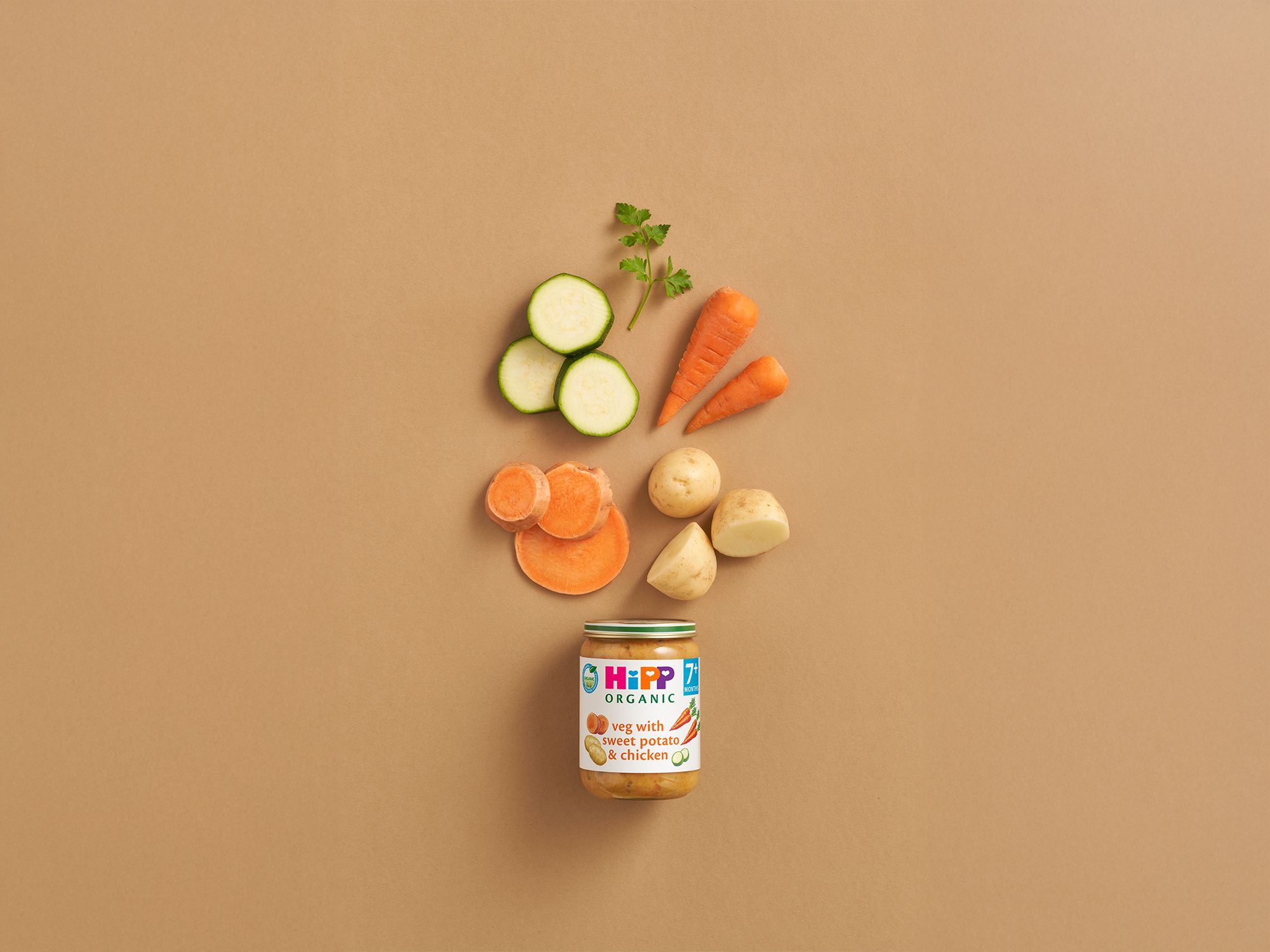 HiPP Organic veg with sweet potato & chicken jar with fresh veg ingredients on a neutral background