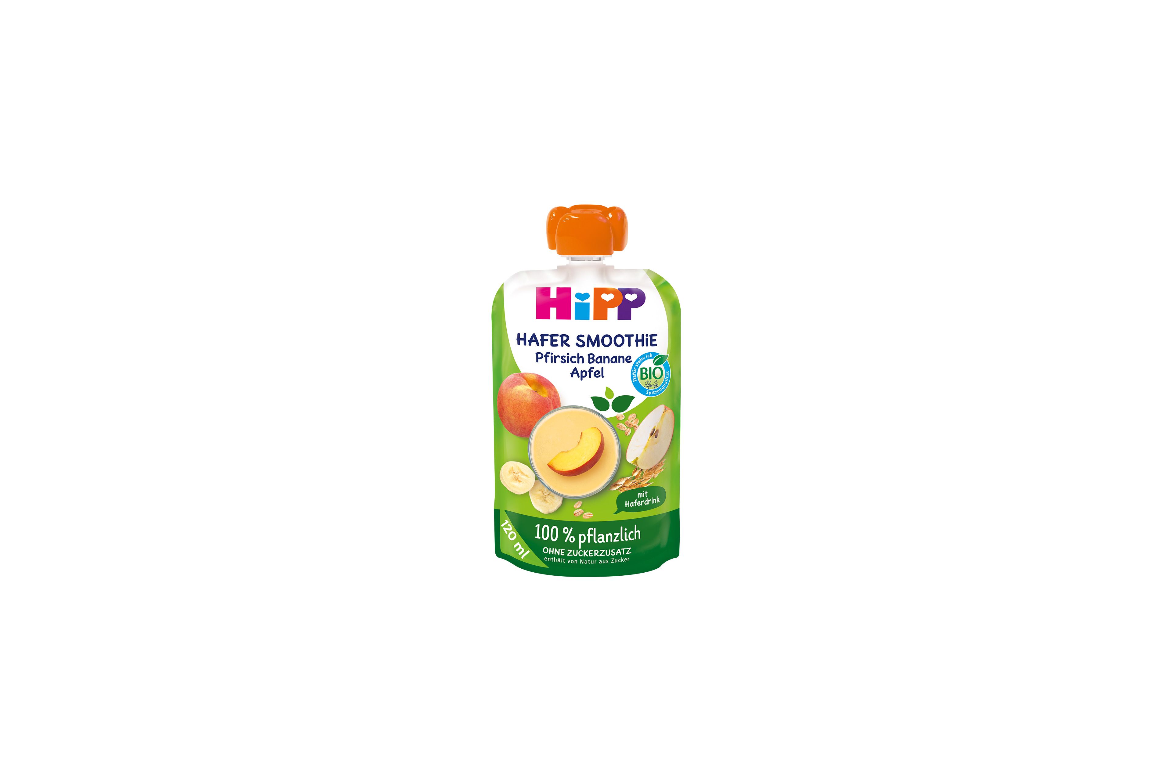 HiPP Hafer Smoothie Quetschbeutel Pfirsich Banane Apfel mit Haferdrink, 100 % pflanzlich, in Bio-Qualität auf weißem Hintergrund