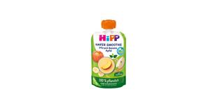 HiPP Hafer Smoothie Quetschbeutel Pfirsich Banane Apfel mit Haferdrink, 100 % pflanzlich, in Bio-Qualität auf weißem Hintergrund