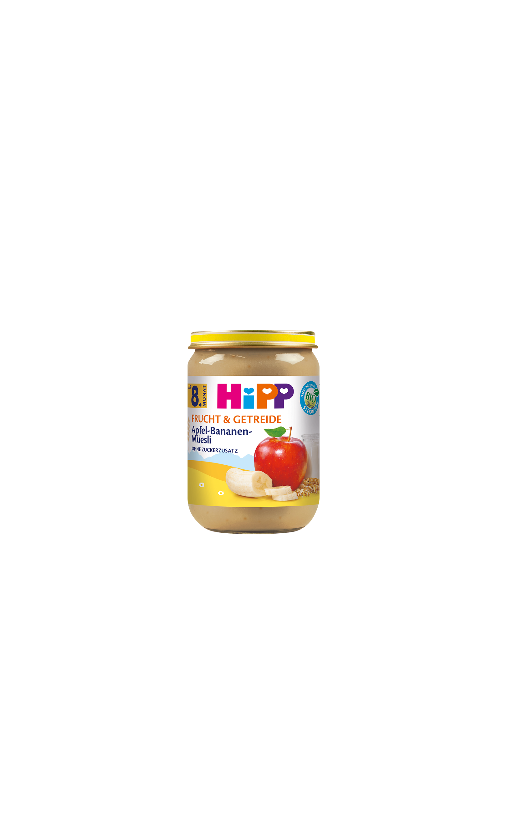 HiPP Bio Frucht & Getreide Glas Apfel-Bananen-Müesli ab 8. Monat mit Apfel, Banane und Getreide auf dem Etikett